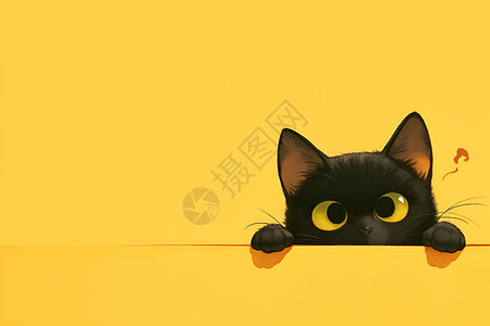 扭曲表情黄色背景上的黑猫插画