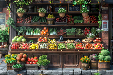 水果和花摊位上的蔬菜和水果插画