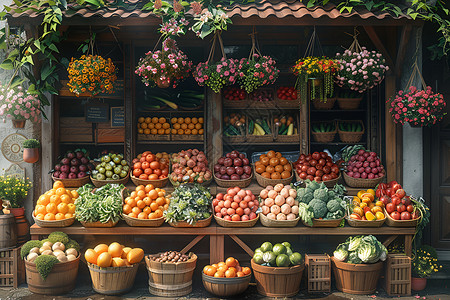 水果摆放店铺摆放的蔬菜和水果插画