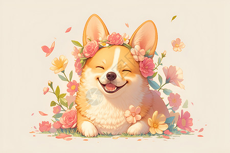 花卉植物花环戴着漂亮花环的小狗插画