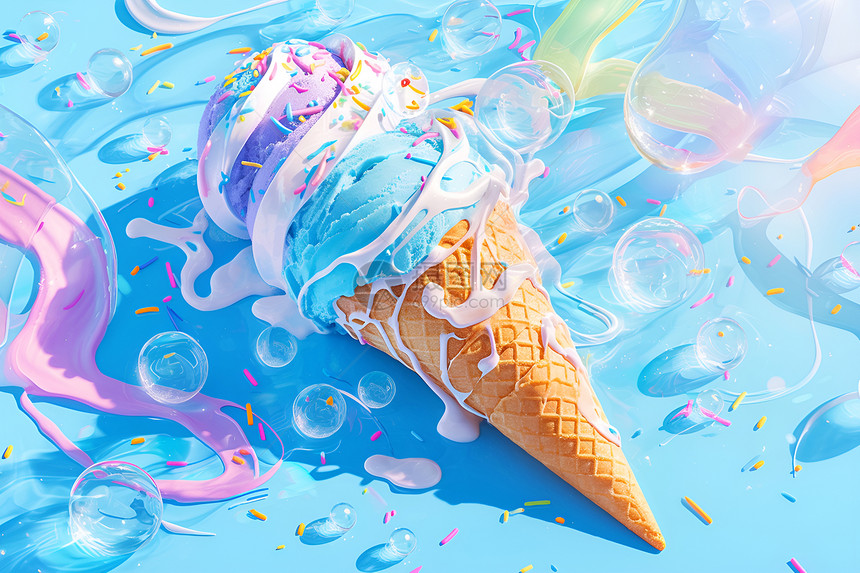 蓝色冰淇淋慢慢融化图片