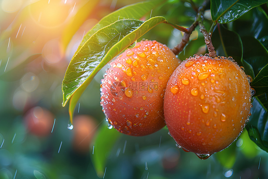 雨水滴落在桃子上图片