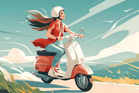 骑摩托的关公女孩骑着电动摩托车插画
