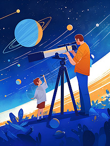 星空观测的大人和小孩背景图片