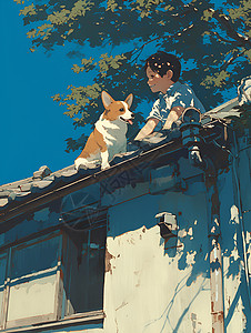 柔软的宠物屋屋顶上的男孩和狗狗插画