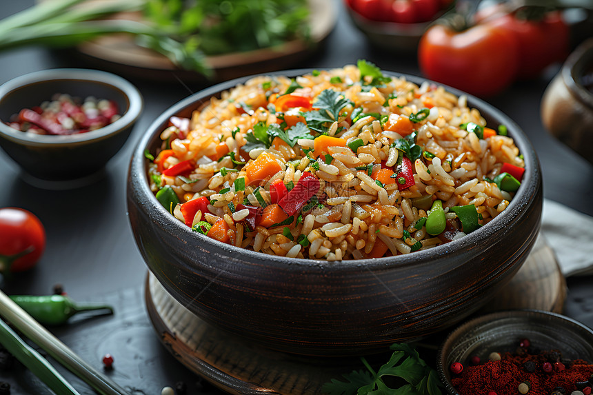 美味可口的米饭配蔬菜图片