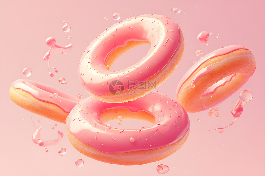 飘浮的三个粉色甜甜圈图片