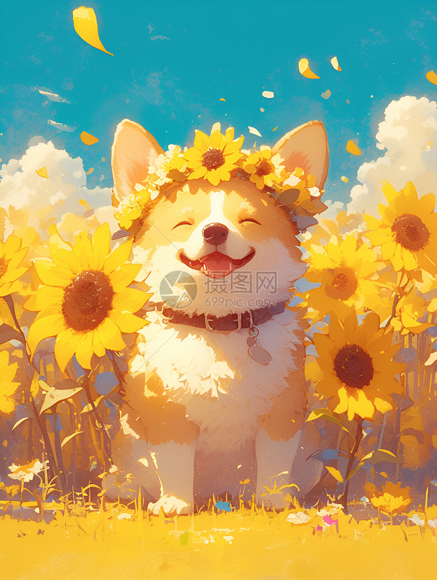 太阳花王冠下的柯基犬图片