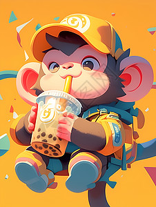 毛茸茸的卡通猴子喝奶茶高清图片