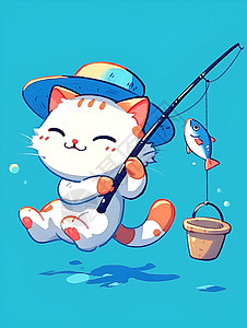 可爱白猫拿着鱼竿背景图片