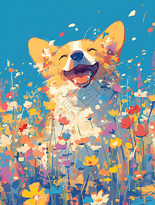 花丛玩耍的小狗背景图片