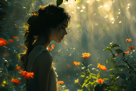 花丛里的女孩背景图片