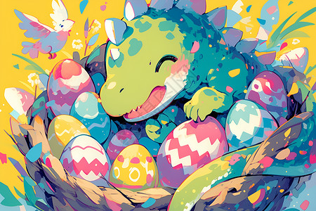 蛋包装巢中的可爱恐龙插画