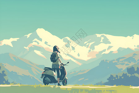 公路赛摩托车山脉下的摩托女孩插画