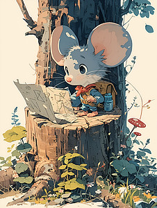 可爱地图木桩上的可爱老鼠插画
