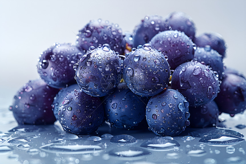 水珠滴落在一束深紫色葡萄上图片