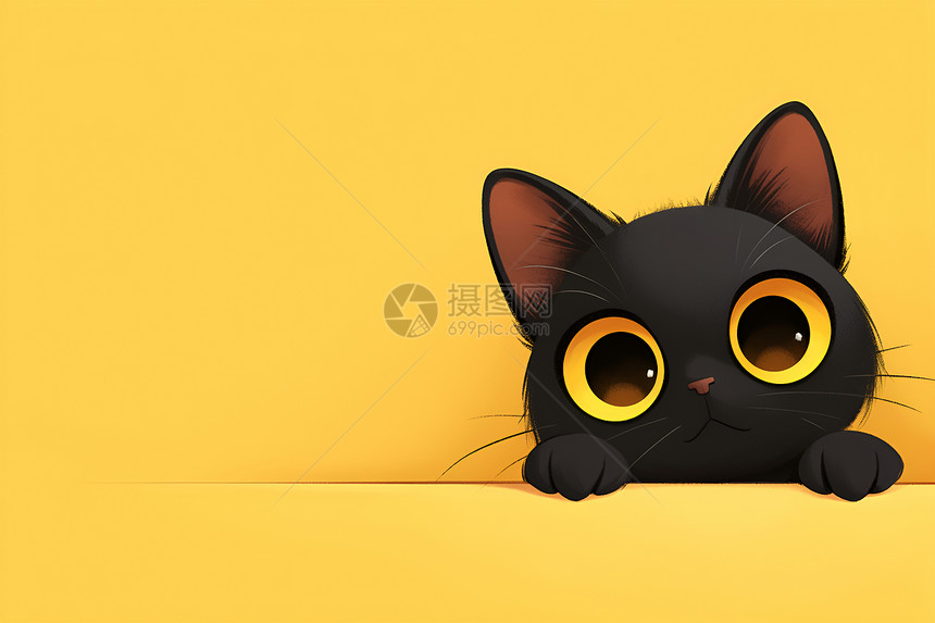 黄色背景下一只可爱黑猫图片