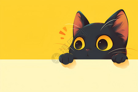 大眼睛可爱的黑猫在黄色背景上插画
