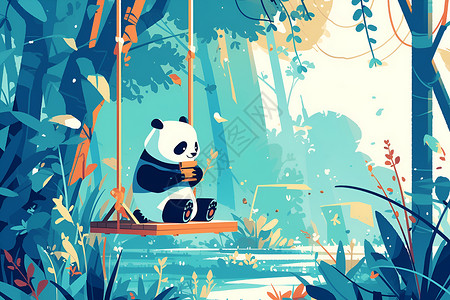 国宝荡秋千的熊猫插画