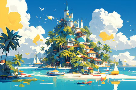 海上岛屿城堡前的海上帆船插画