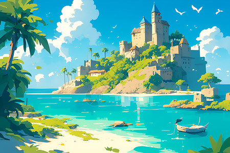 海上岛屿美丽的海上风景插画