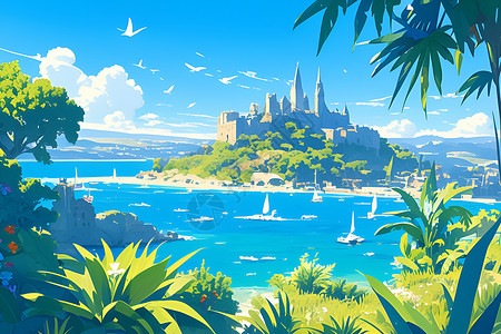 海上岛屿海上的小岛风景插画