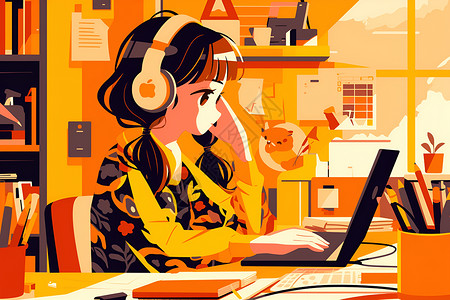 耳机背景玩电脑的女孩插画