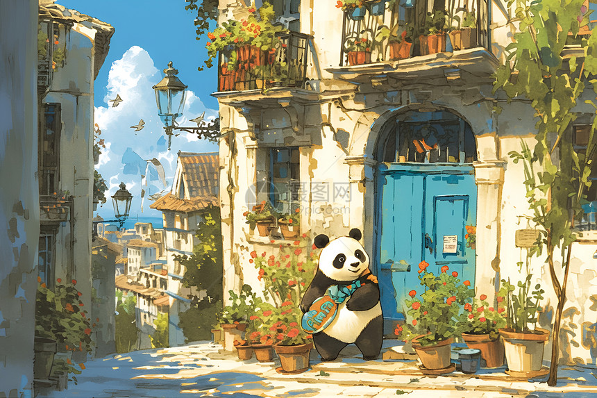 街道中的熊猫图片