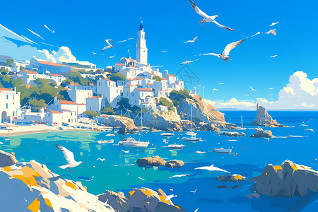 美丽海滨城市美丽的海边小镇插画