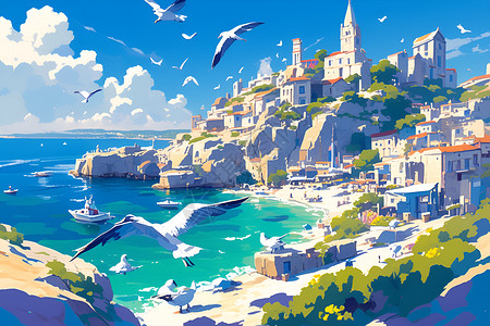 美丽海滨城市美丽的海滨小镇插画