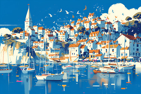 美丽海滨城市美丽的海滨城镇插画