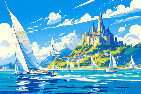 海上的帆船海上城堡高清图片