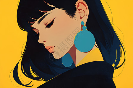 漂亮的时尚女孩清新现代女性拥有黑发蓝耳环插画