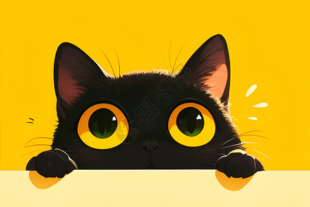 大眼睛黄色背景下的卡通黑猫插画