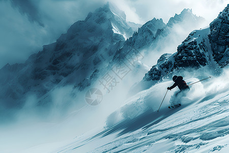 滑雪斜坡山间畅行的滑雪者插画