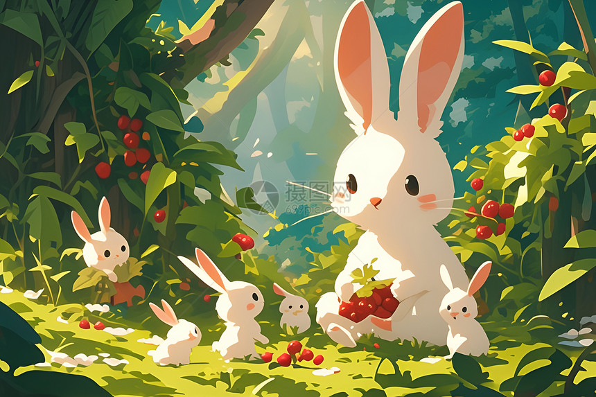 友善的卡通兔子在森林里图片