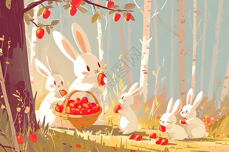 吃果子森林里的兔子插画