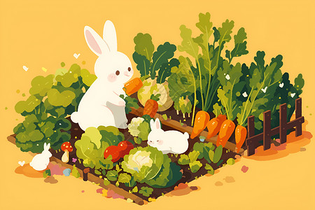 胡萝卜田田园里的可爱兔子插画
