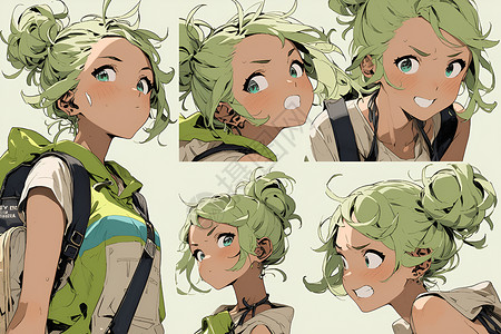 绿色卫衣青发女孩表情包插画
