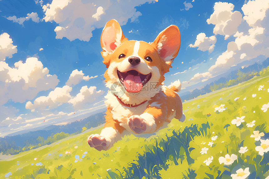 小狗在草地上自由奔跑图片