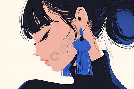 黑发女精致黑发潮女戴着蓝色耳环插画