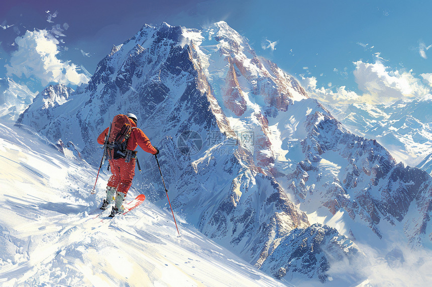 滑雪者征服积雪山脉图片