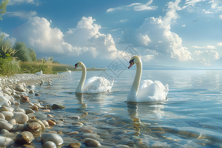 禽类优雅的天鹅在宁静的湖水中插画