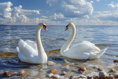 飞行禽类湖水上两只游动的天鹅插画