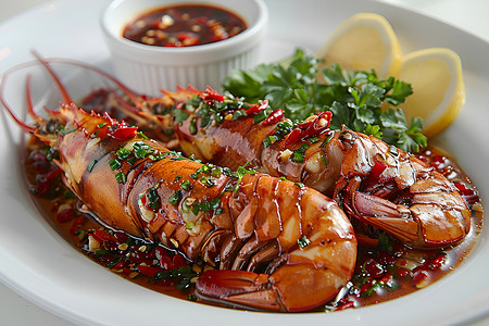 海鲜酱料盘中的鲜美龙虾背景
