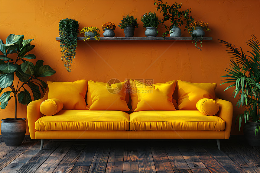 客厅里的黄色沙发图片