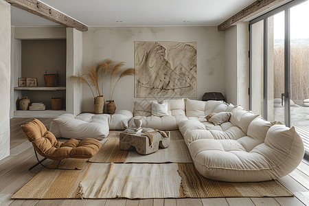 奶白色客厅舒适的白色沙发背景