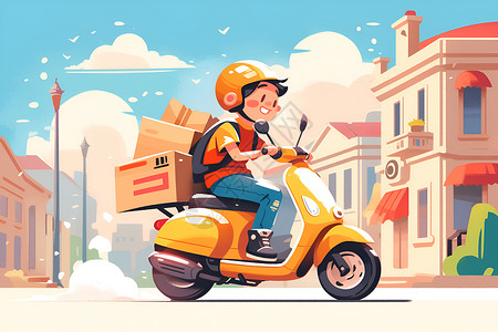 摩托配件快递员骑电动车穿梭在城市街道上插画