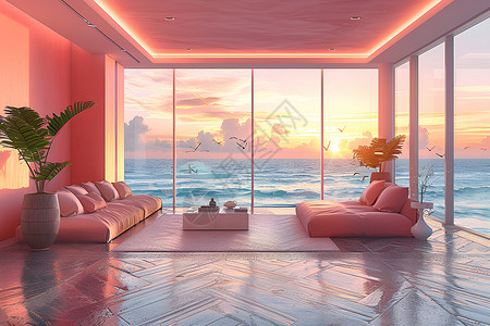 晨曦海景别墅里的客厅背景图片