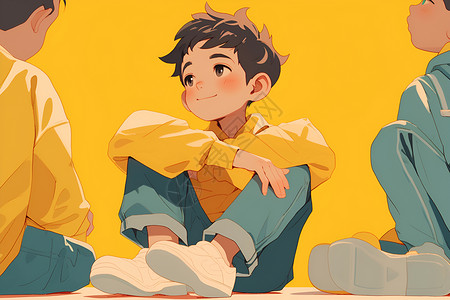 人坐着两个孩子在黄色背景下插画